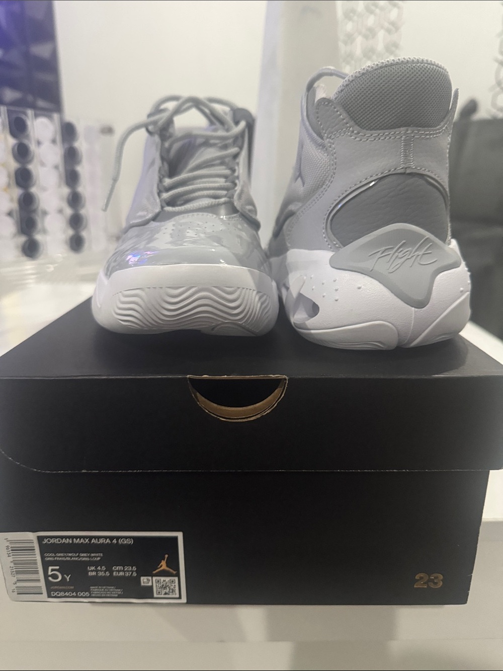 Jordan Youth Glossy Grey and White Retro Basketball Sneakers